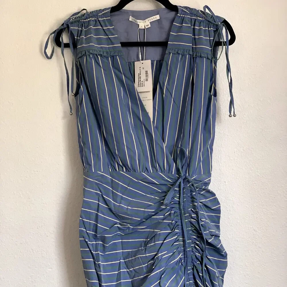 NWT Veronica Beard Teagan Stripe Ruched V-Neck Midi Dress in Blue/Kelly Green - Picture 6 of 15